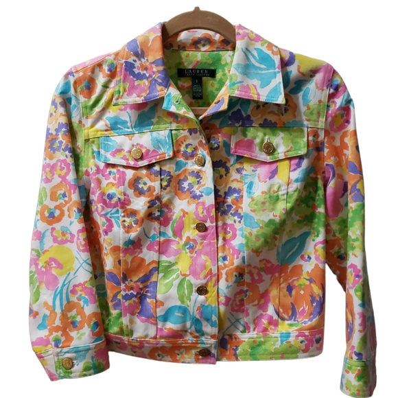 HP 🎉 Lauren Ralph Lauren Floral Multicolor White Jean Jacket Sz S - Picture 2 of 6